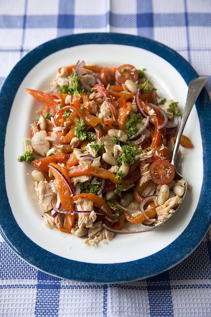 Tuna, Red Pepper and Cannellini Salad on a Serving Dish