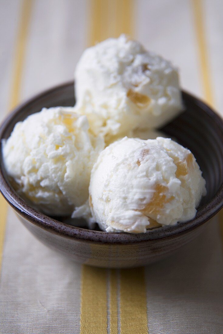 Three Scoops of Ginger Frozen Yogurt in a Bowl