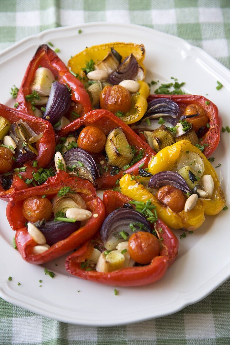 Roasted Bell Peppers Stuffed with Veggies on a Platter
