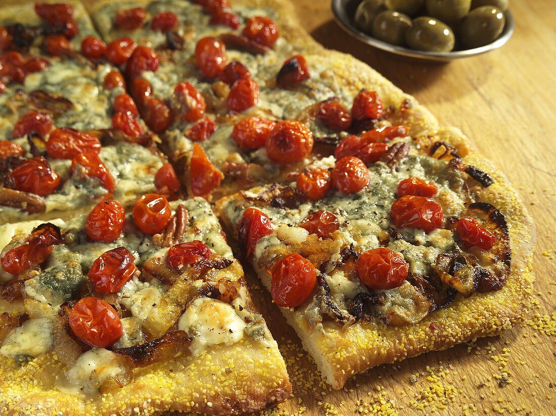 Tomato and Blue Cheese Pizza; Sliced; Olives