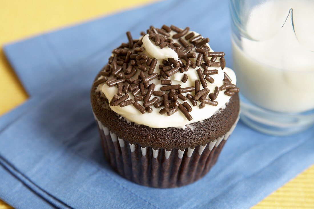 Chocolate Cupcake with Vanilla Frosting and Chocolate Sprinkles; Glass of Milk