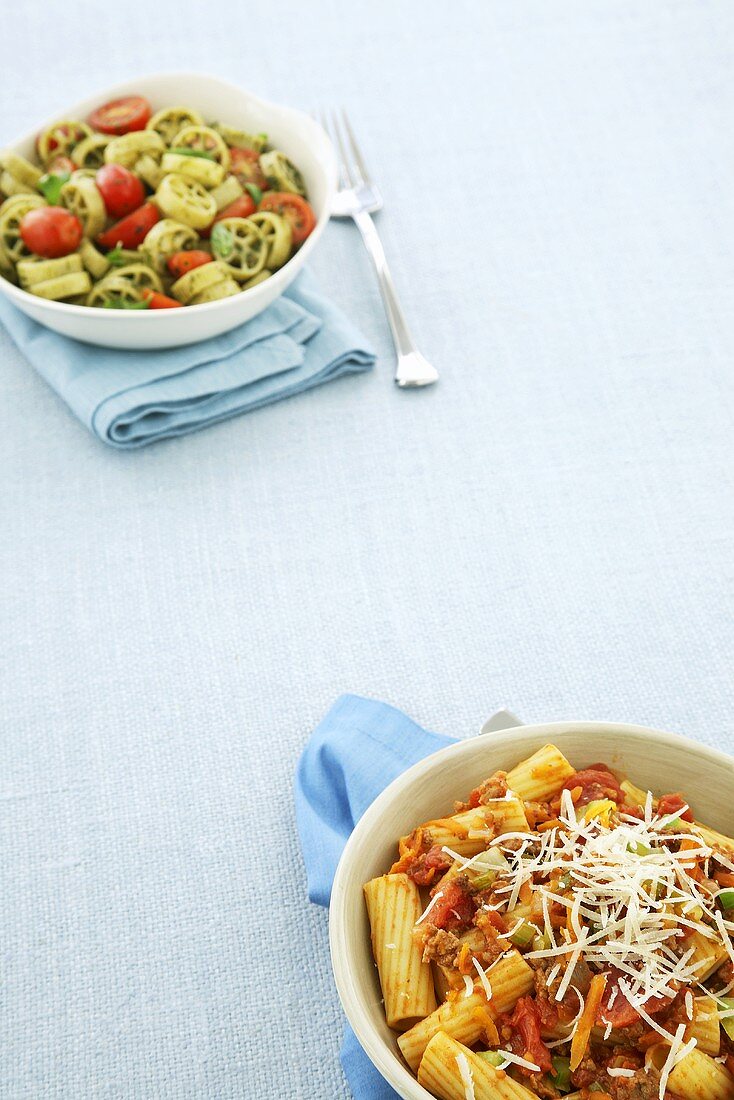 Two Pasta Dishes; Rigatoni with Tomato Meat Sauce; Wagon Wheels with Pesto