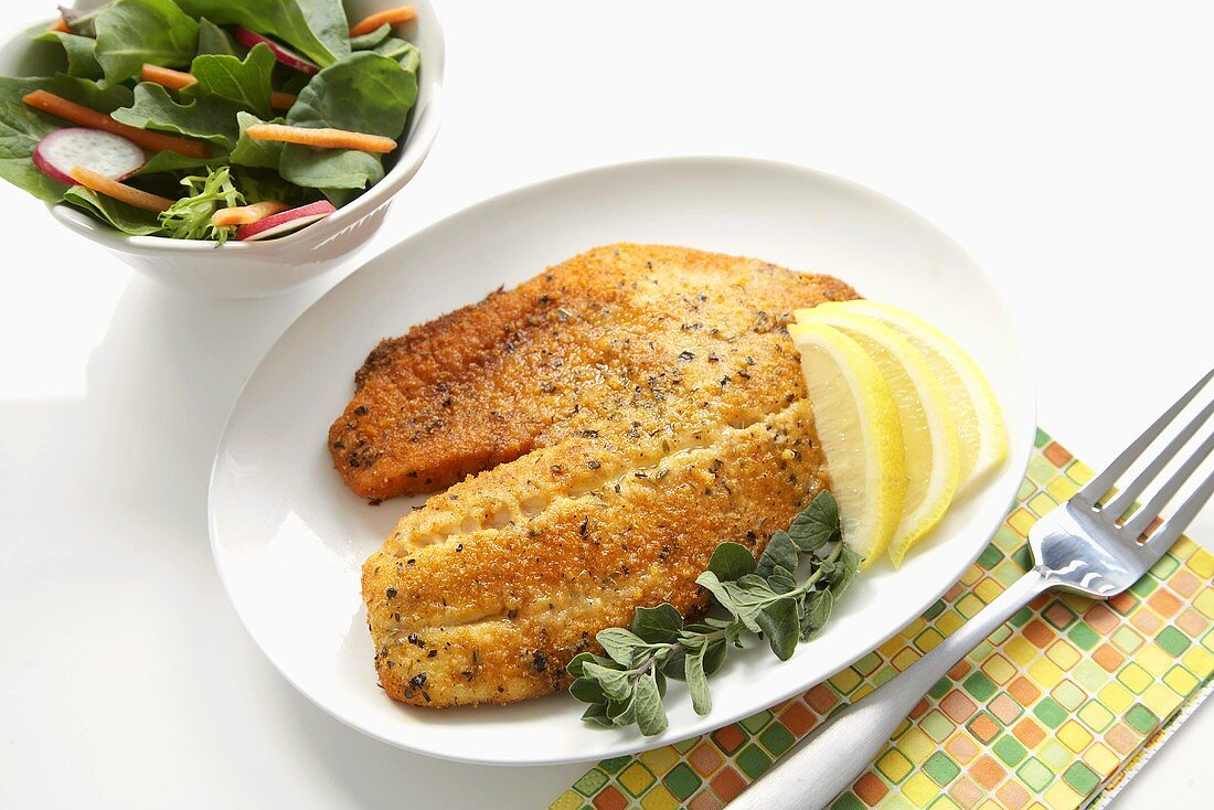 Fried Fish with Lemon Wedges and a Side Salad