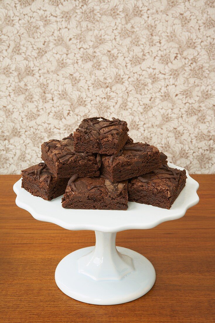 Chocolate Brownies on Wooden Pedestal Dish