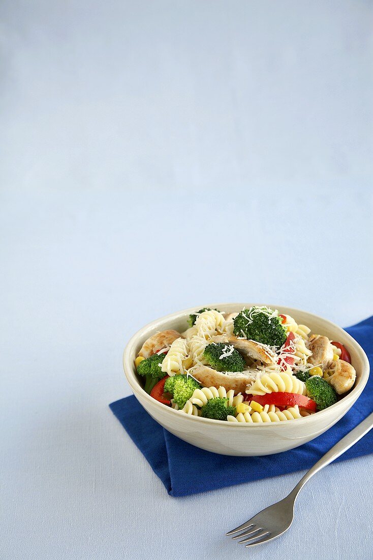 Rotini Pasta with Chicken and Veggies in a Bowl