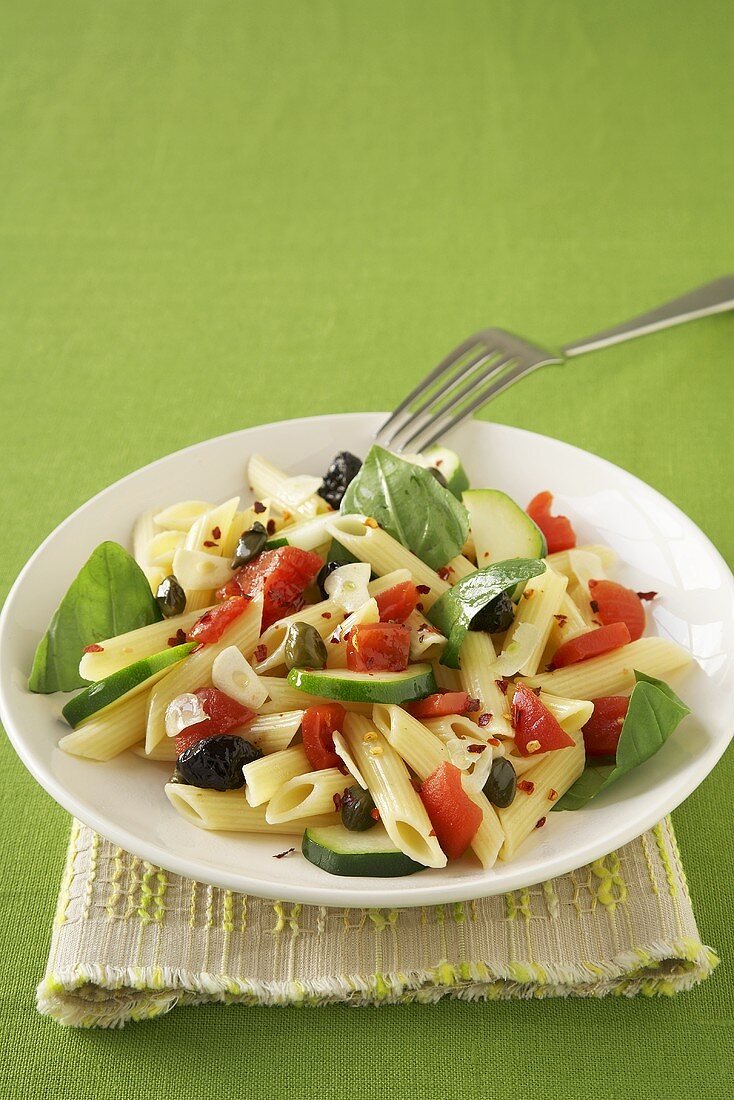 Penne Pasta Salad with Olives Tomatoes and Fresh Basil