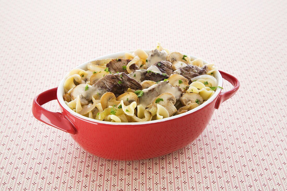 Beef Stroganoff in a Serving Red Dish