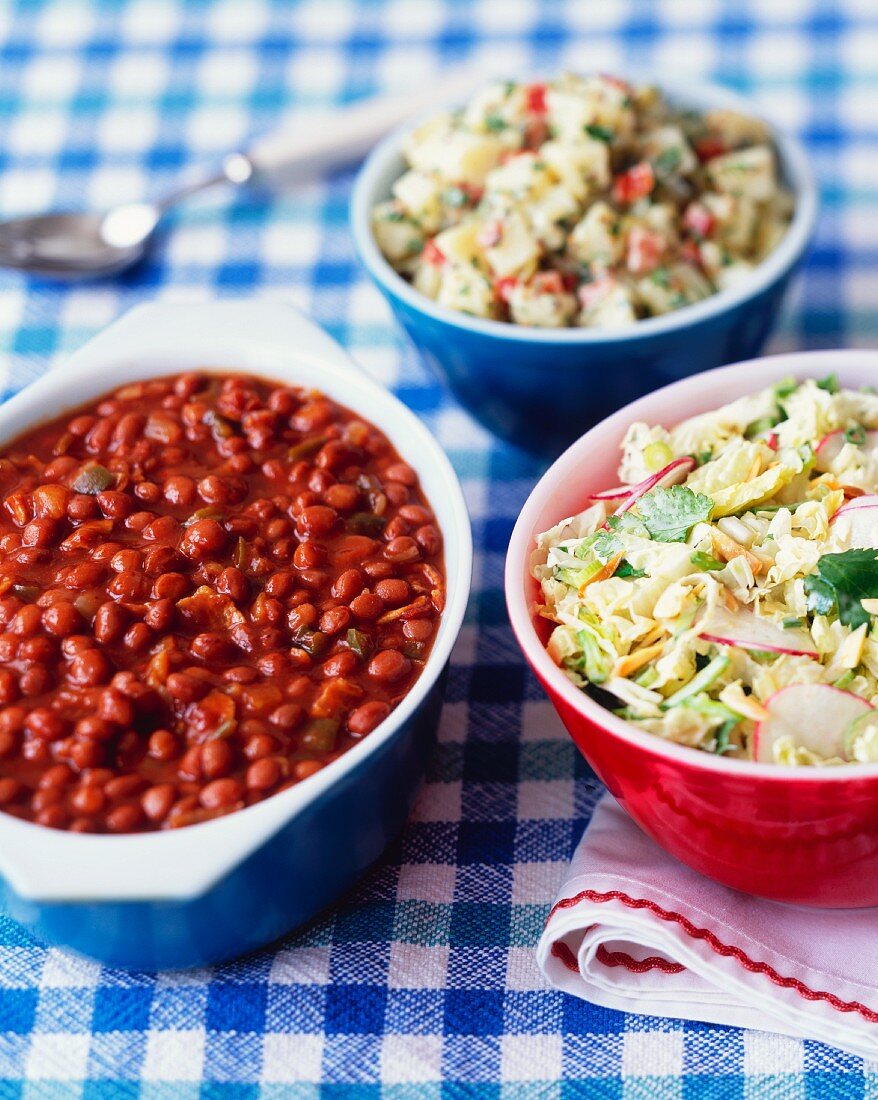 Baked beans and salad for a picnic and a barbecue party