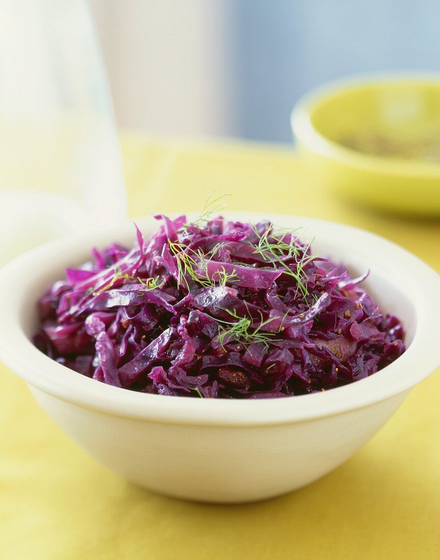 Bowl of Cooked Purple Cabbage with Dill