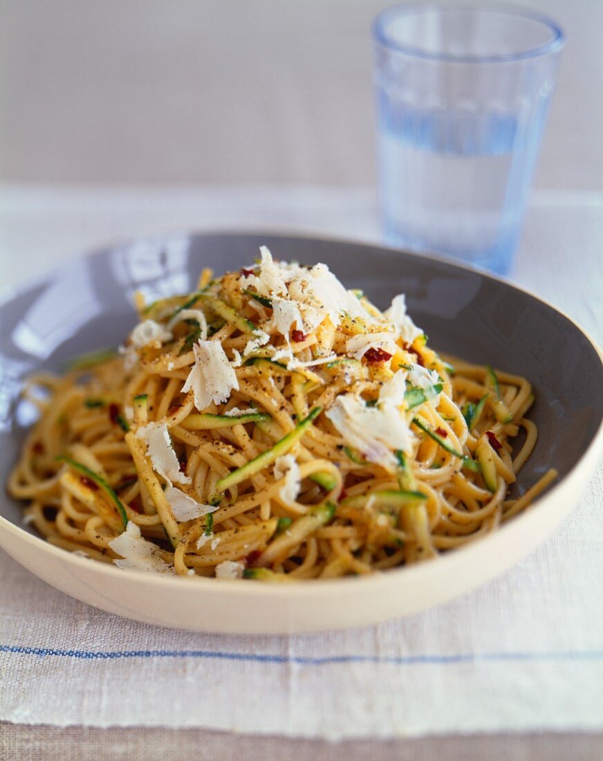 Bowl of Linguini with Shredded Zucchini and Parmesan Cheese