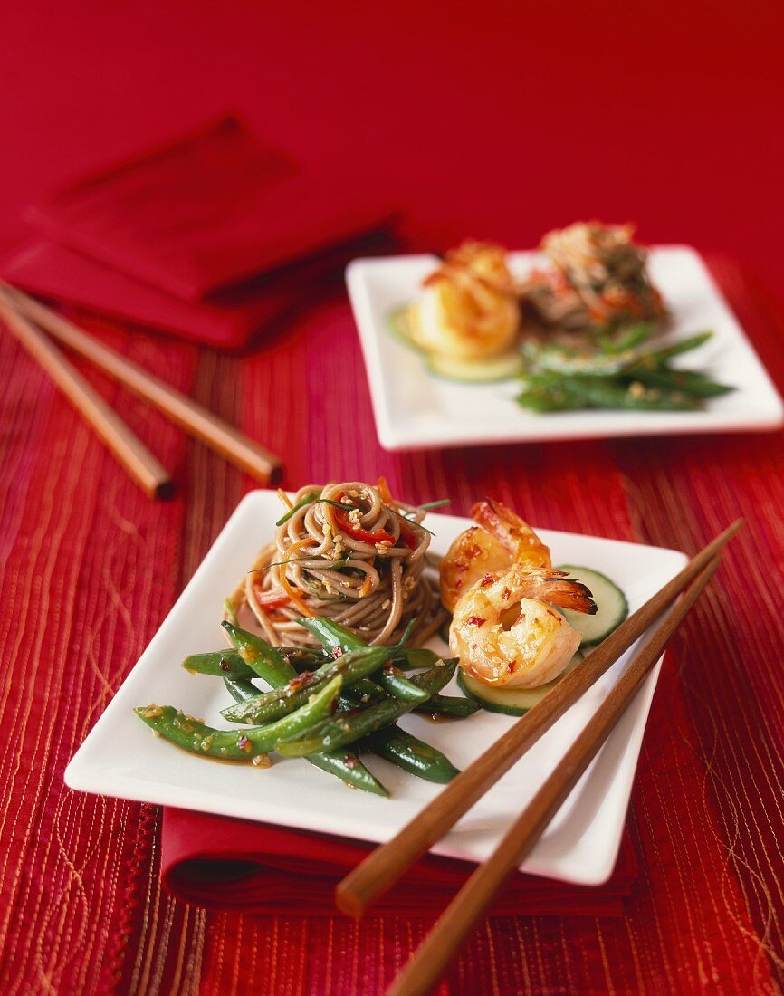 Asian Appetizer Plates with Green Beans, Shrimp and Soba Noodles; Chopsticks