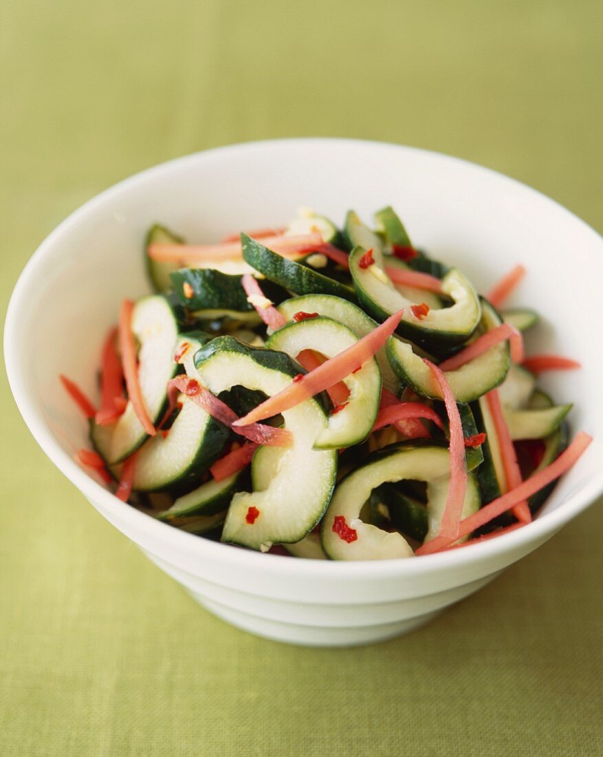Pickled Ginger Cucumbers in a Bowl