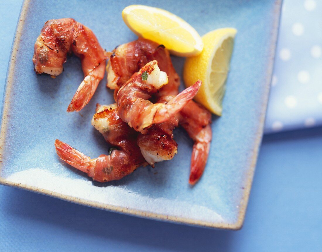 Prosciutto Wrapped Shrimp on a Square Plate