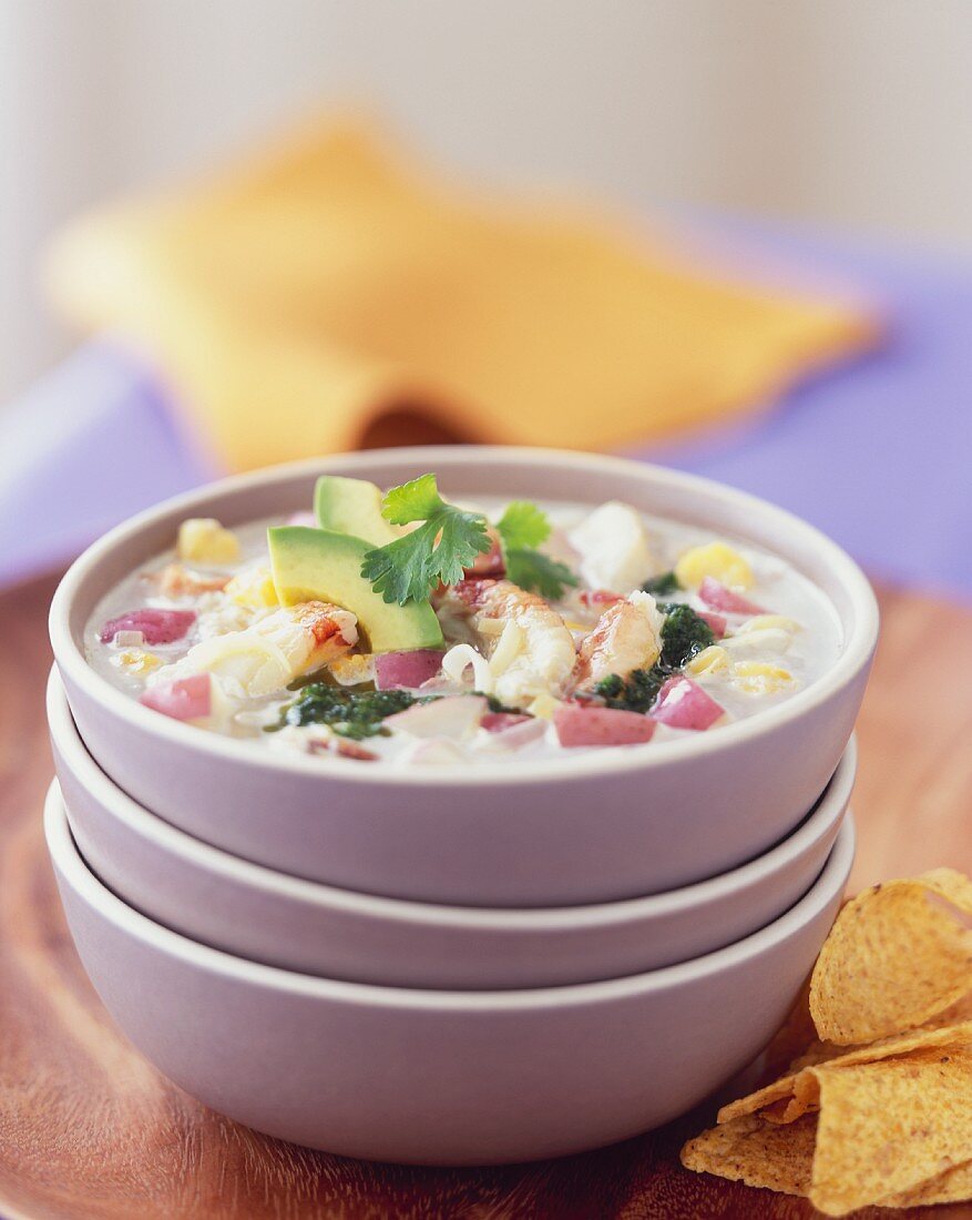 Crab Hominy Chowder in Stacked Bowls