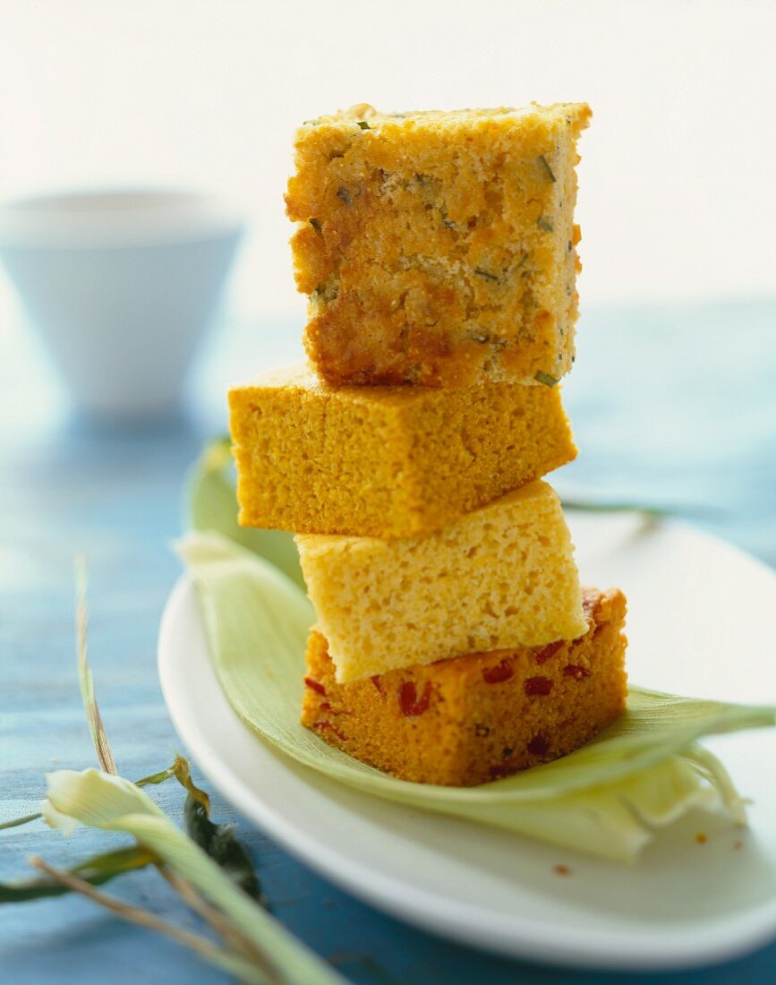 Assorted Pieces of Corn Bread; Stacked