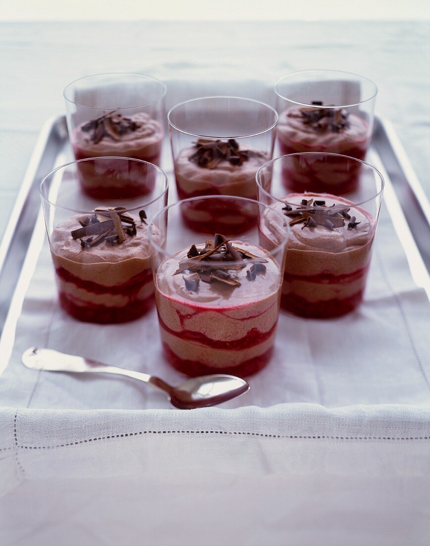 Cups of Chocolate Raspberry Mousse Topped with Chocolate Shavings