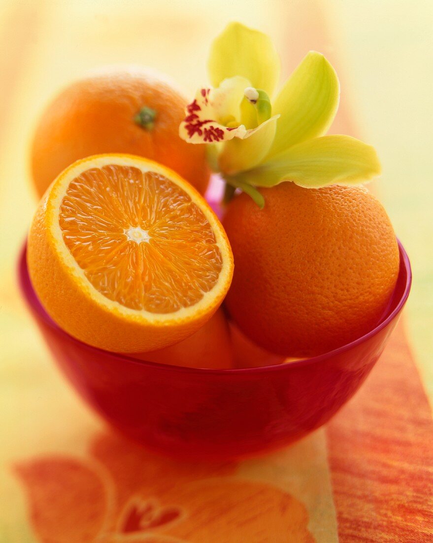 Half and Whole Oranges in a Bowl with an Orchid