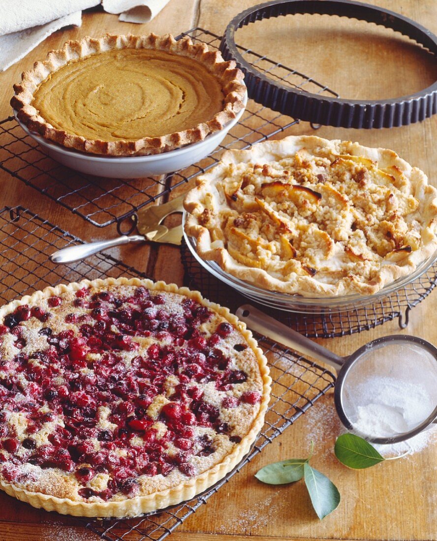 Three Pies on a Cooling Rack; Pumpkin, Sour Cream Apple, Cranberry Nut