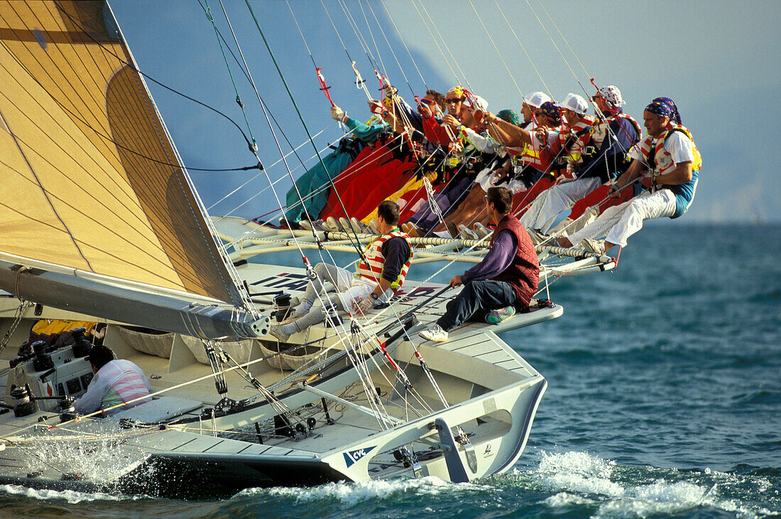 People on a sailing boat at a regatta, Centomiglia, Lake Garda, Italy, Europe
