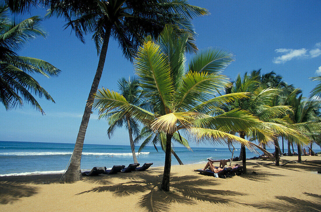 Menschen am Palmenstrand, Kalatura Beach, Sri Lanka, Asien