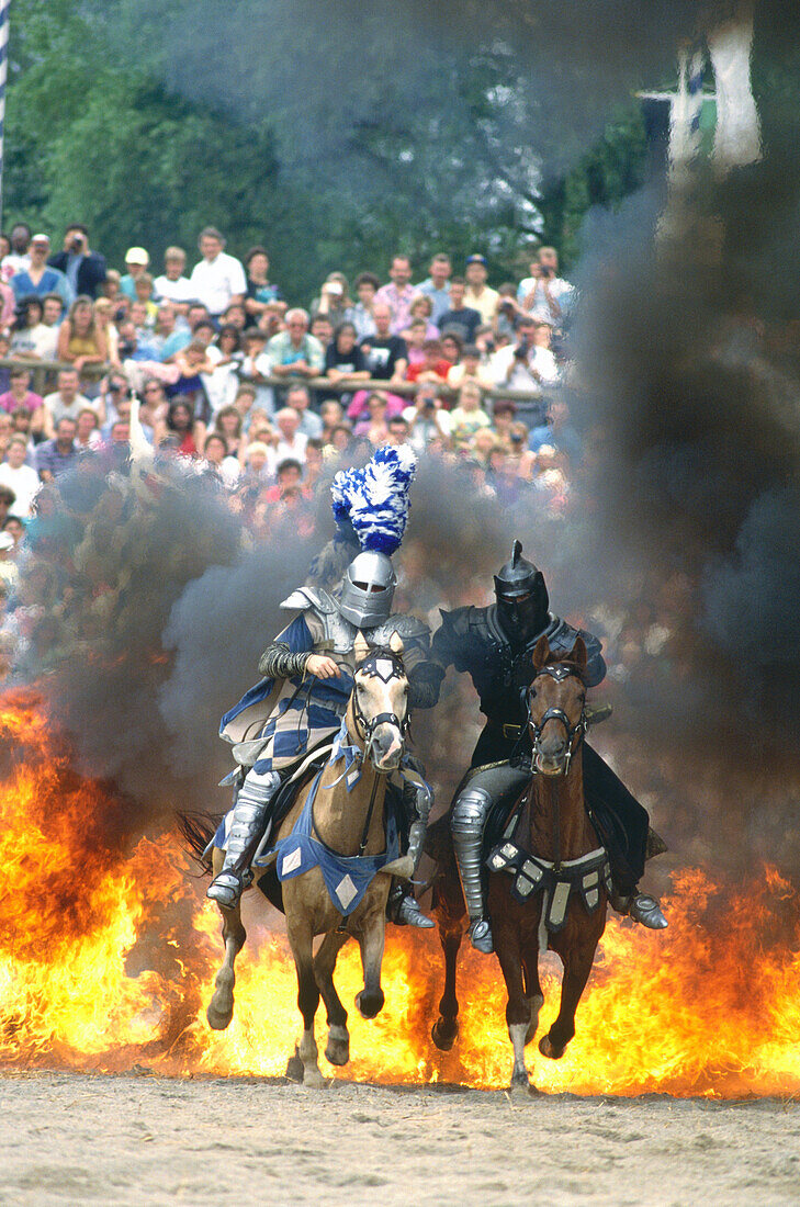 Knights riding trough fire, Kaltenberger Ritterspiele, Bavaria, Germany