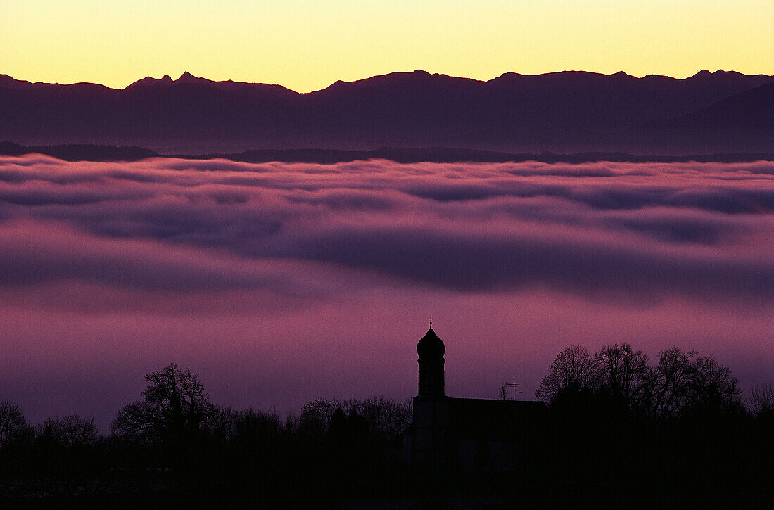 Sea of fog in front of Bavarian Alps, Lake of Starnberg, Bavaria, Germany