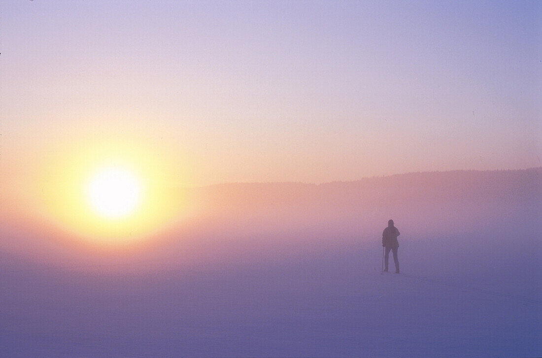 Eine Person in nebliger Winterlandschaft bei Sonnenuntergang, Schweden, Europa
