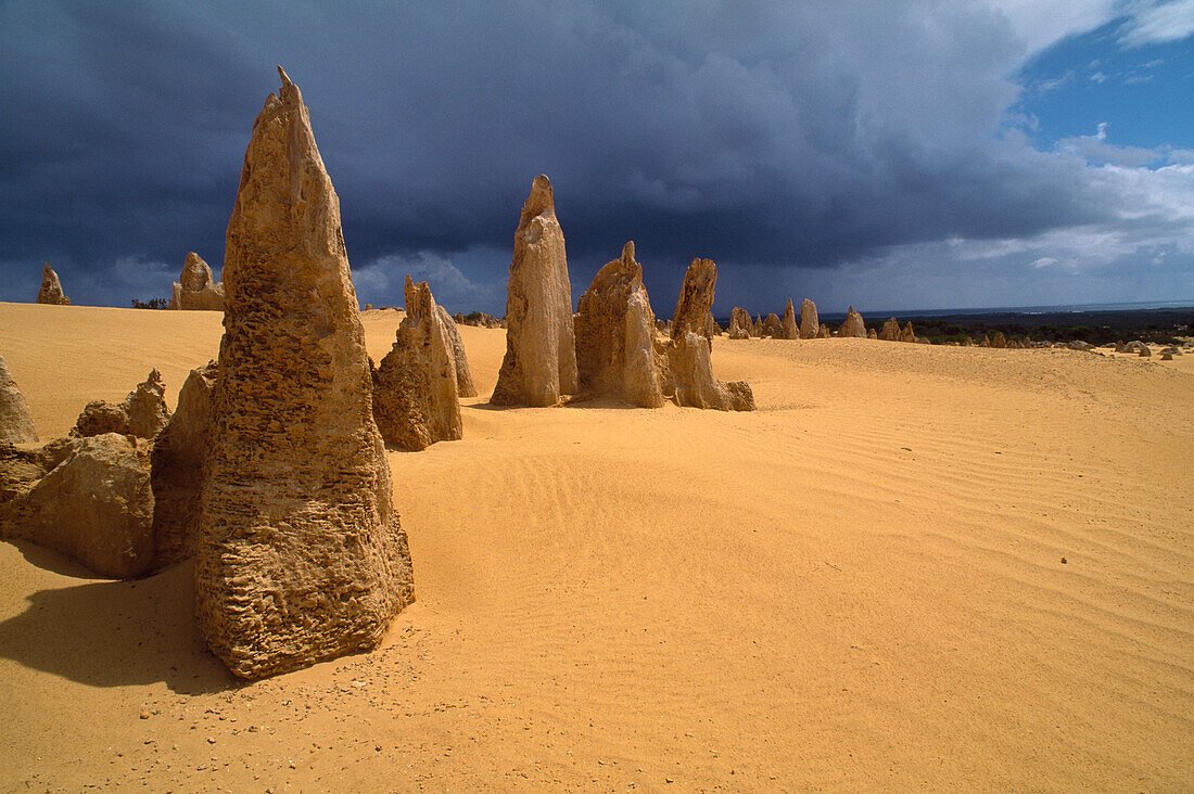 Felsspitzen in der Wüste unter Gewitterwolken, Nambung Nationalpark, Westaustralien, Australien