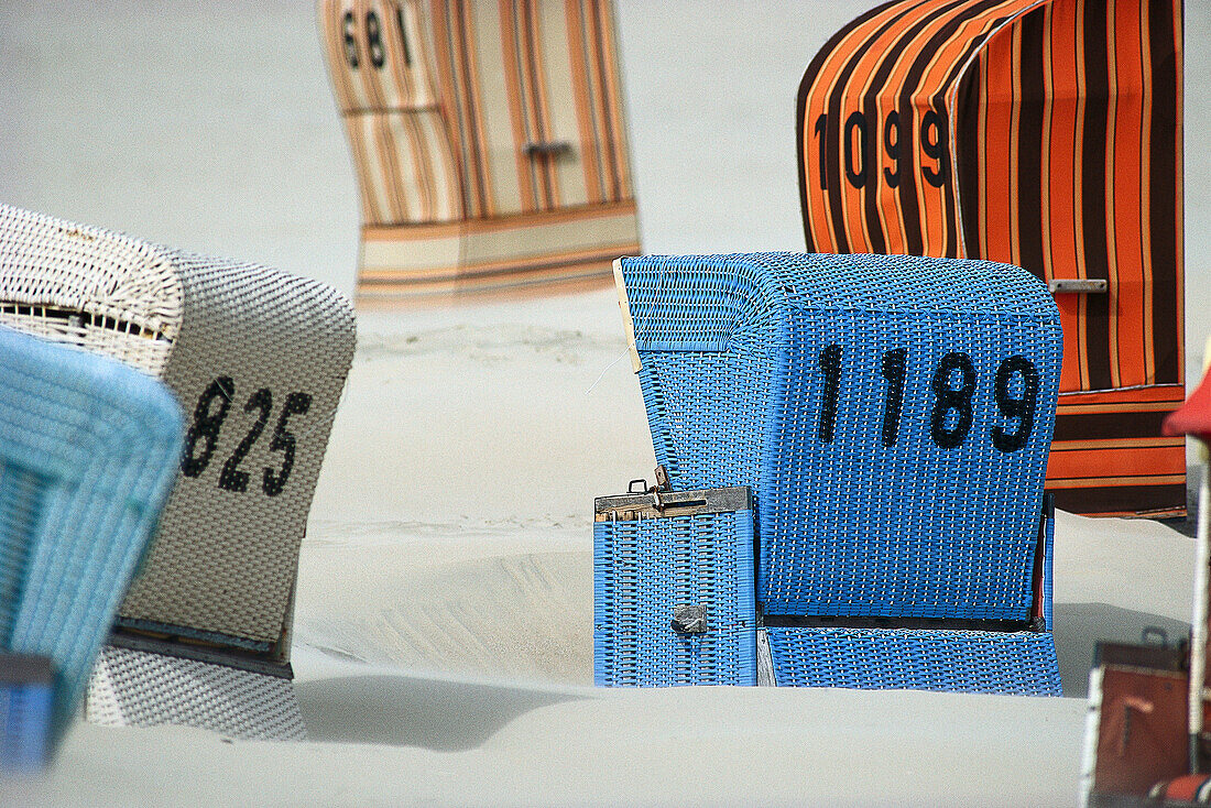 Beach chairs in the sand, Norderney, Eastern Frisia, Lower Saxony, Germany