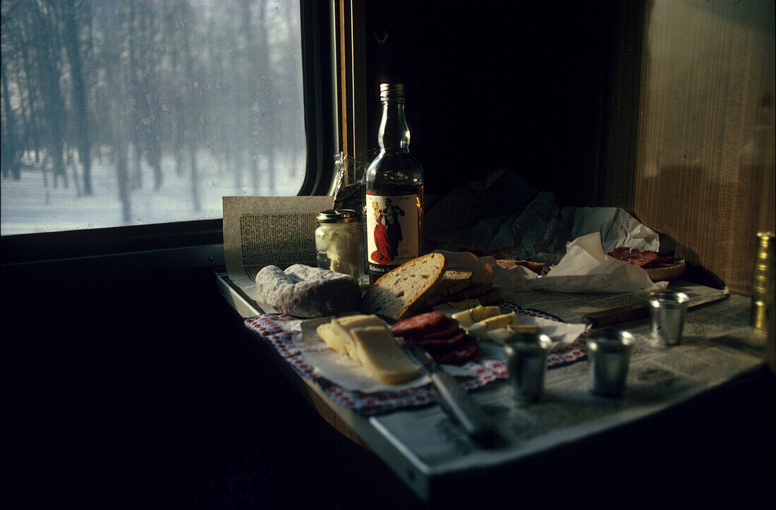 Breakfast inside Transsiberian railroad, Russia, Europe