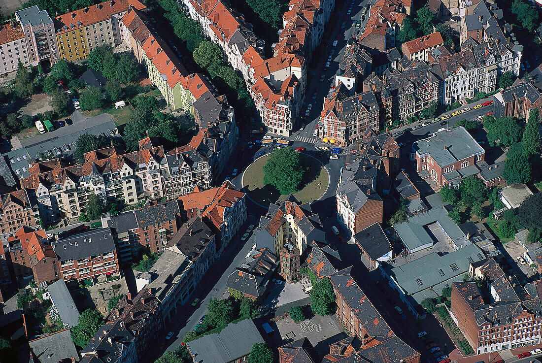 Aerial view of Lichtenberg Square, Hanover, Lower Saxony, Germany