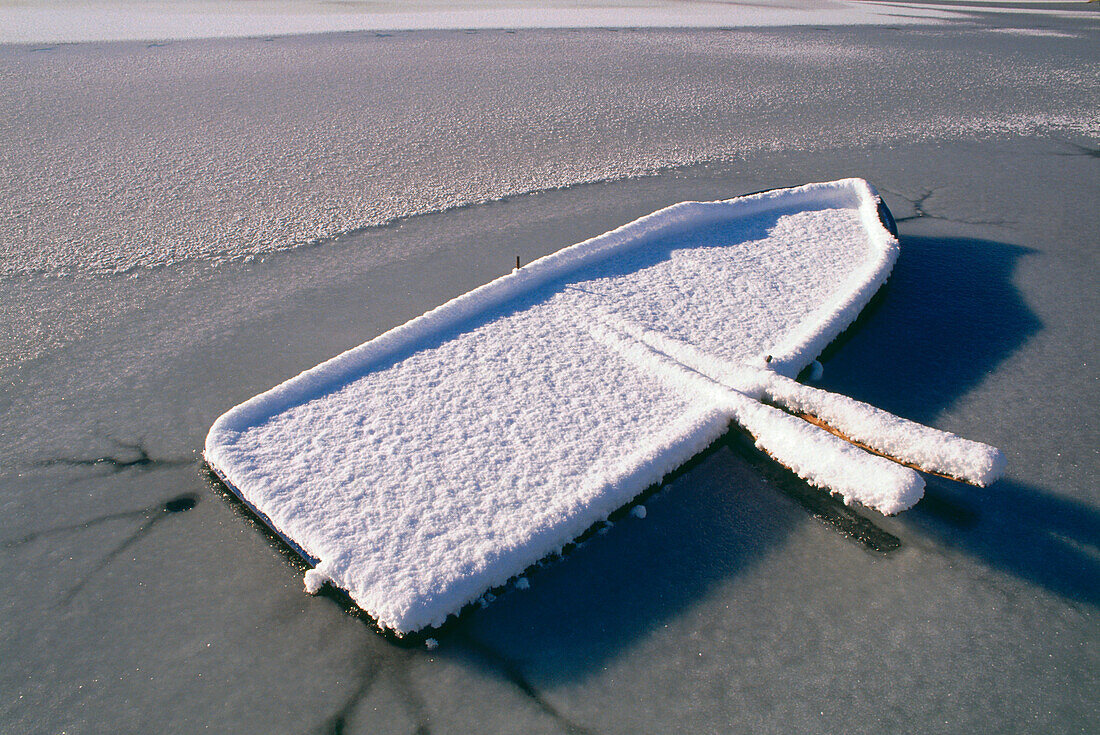 Frosted rowing boat, Upper Bavaria, Germany
