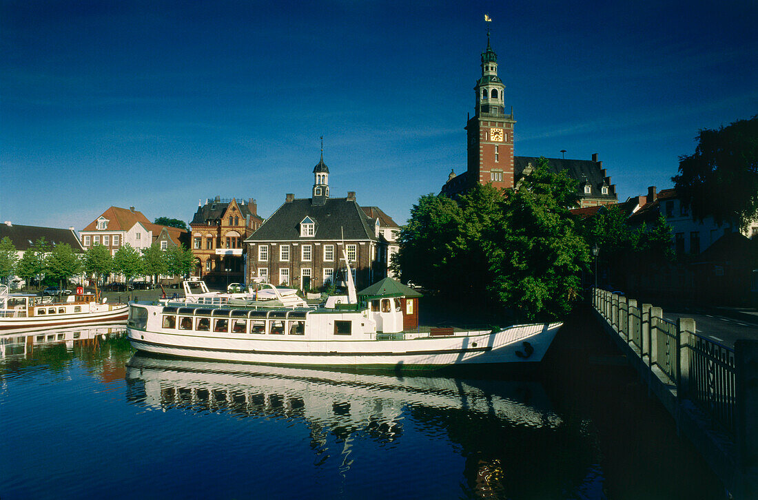 Harbour and City hall, Leer, East Frisia, Lower Saxony, Germany