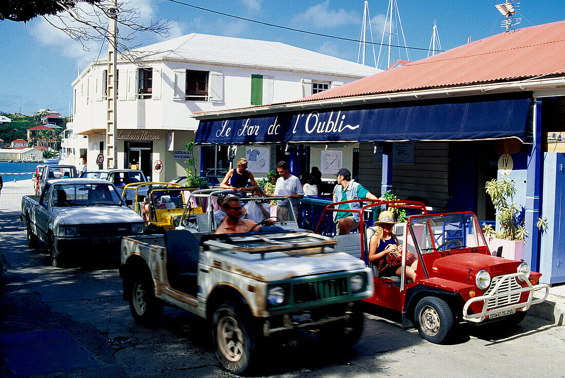 People in cars, Gustavia, St. Barthelemy, St. Barts, Caribbean, America