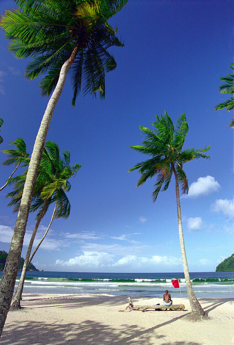 Mann an Palmenstrand schaut aufs Meer, Maracas Bay, Trinidad, Karibik, Amerika