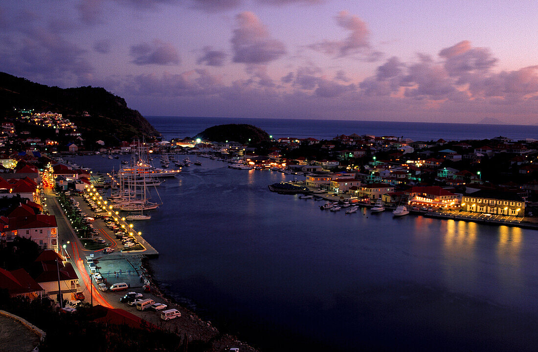 Gustavia at dusk, St. Barthelemy, St. Barts Caribbean, America