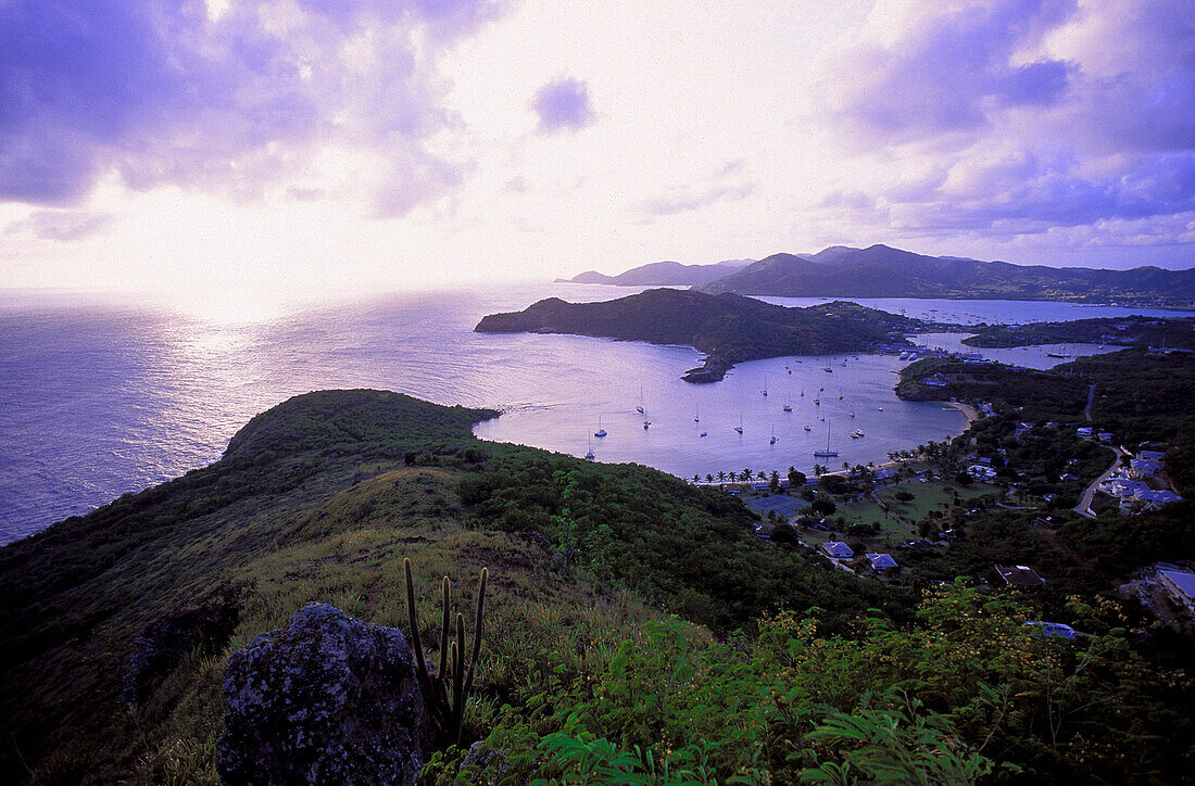 Bay with harbour at dusk, English Harbour, Antigua, Caribbean, America