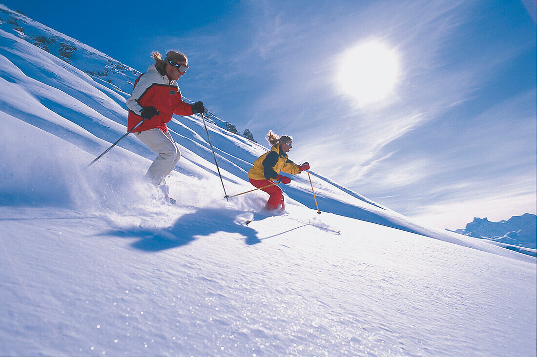 Skiing in deep snow, Lech, Zuers, Arlberg, Austria