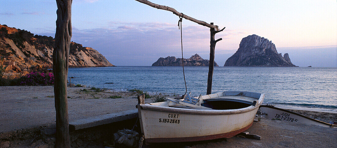 Fishing boat in a quiet bay, Cala de Hort, Ibiza, Balearic Islands, Spain