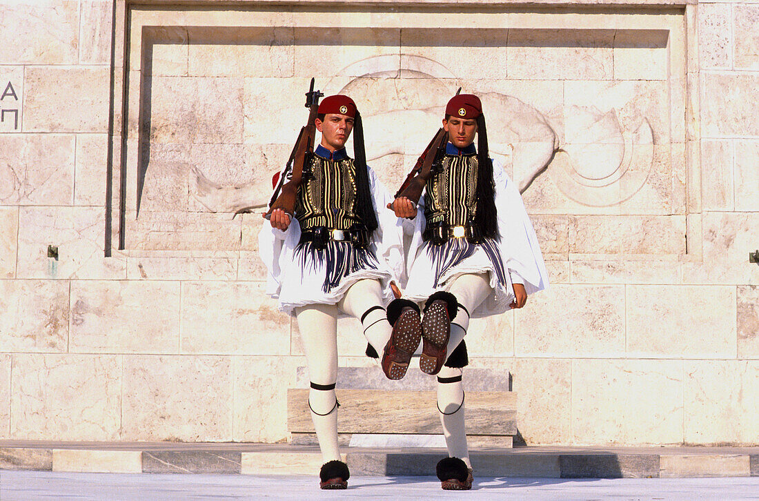 Evzonen guards in front of the tomb of the unknown soldier, Athens, Greece, Europe