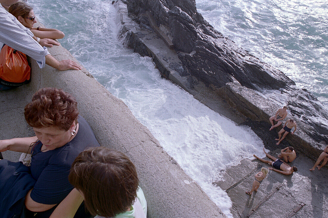 Tourists, Bathing-Manarola, Cinque Terre, Liguria Italy