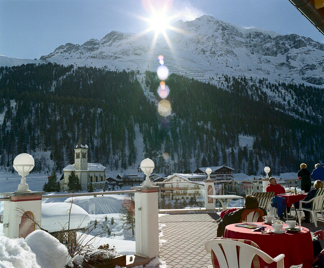 Blick über Ortler von der Terasse, Hotel Post, Sulden, Südtirol, Italien