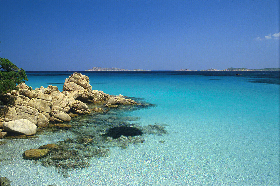Ocean and coast area in the sunlight, Capriccioli, Costa Smeralda, Sardinia, Italy, Europe