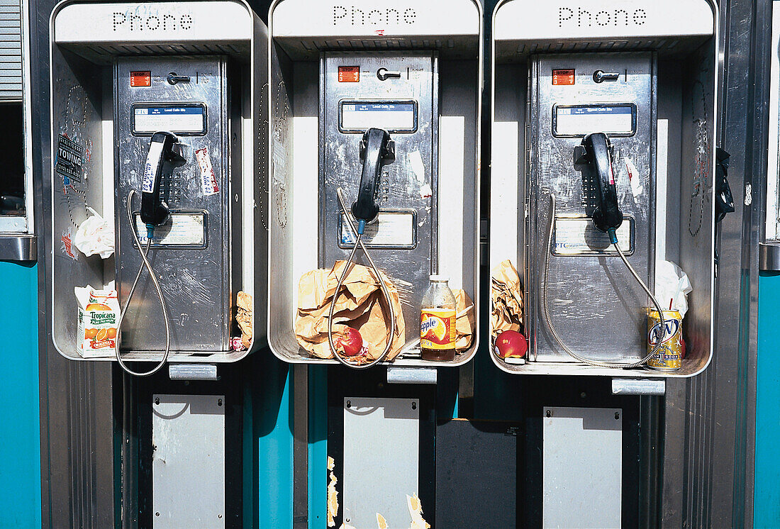 Telephones with waste, Chelsea, Manhattan, New York City, USA
