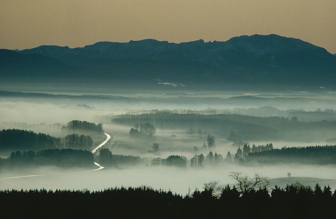 Foggy landscape near Ilkahoehe, Benediktenwand, Upper Bavaria, Germany