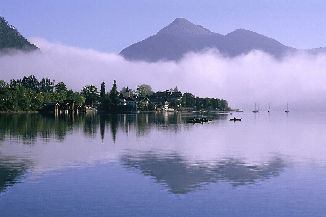 Foggy lake with mountain in background, Walchensee with Jochberg, Upper Bavaria, Germany