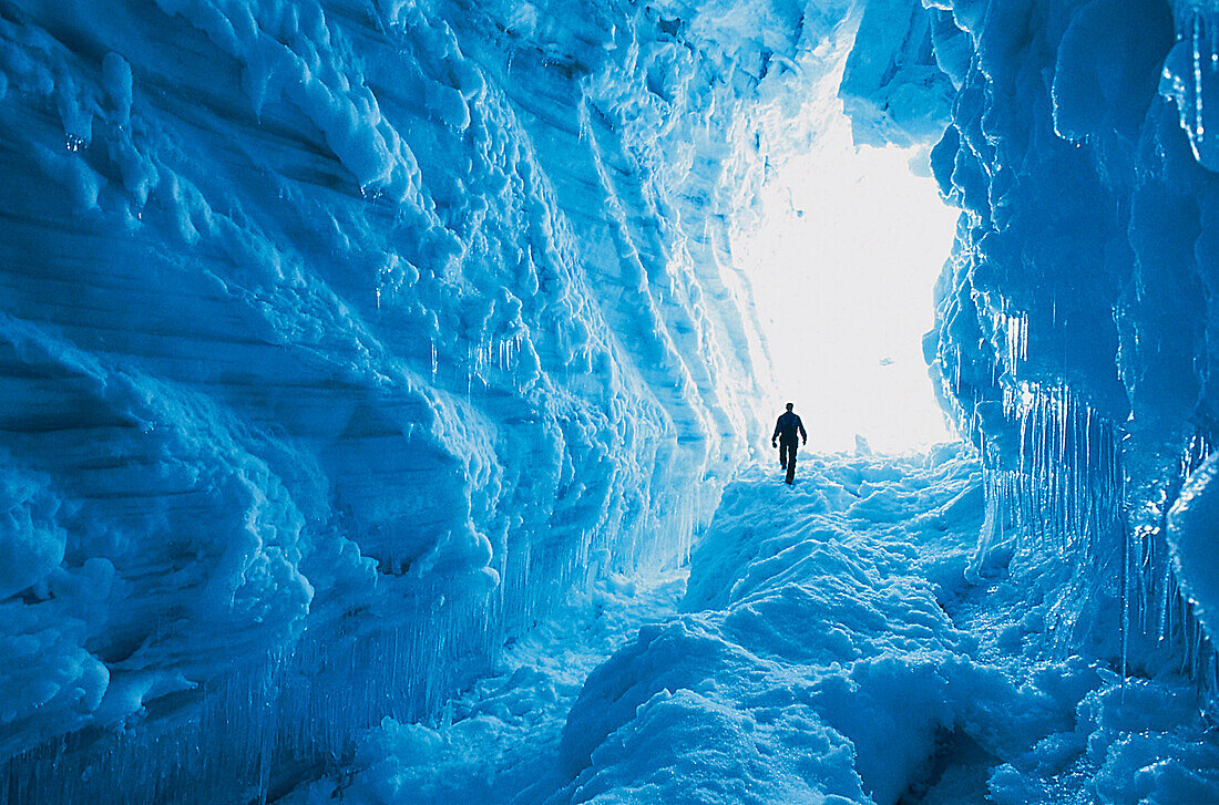 Mountain guide in crevassedes, Brokarjoekull Glacier, Island