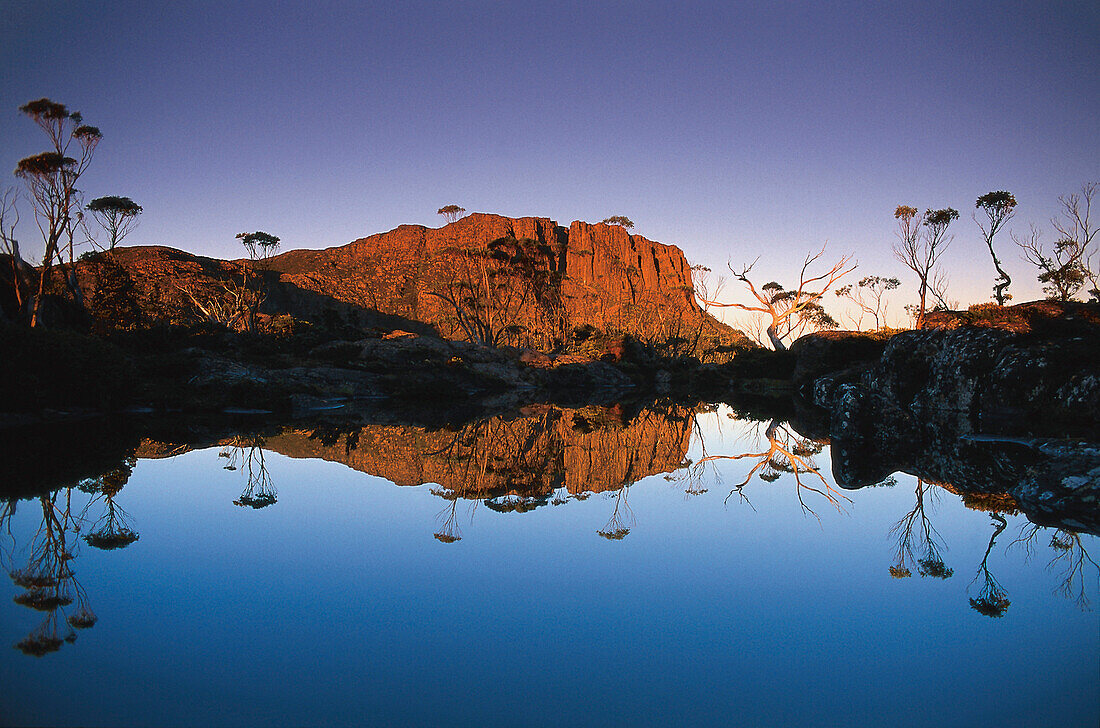 Spiegelung in einem See in der Abenddämmerung, Cradle-Mountain-Lake-St.-Clair Nationalpark, Tasmanien, Australien