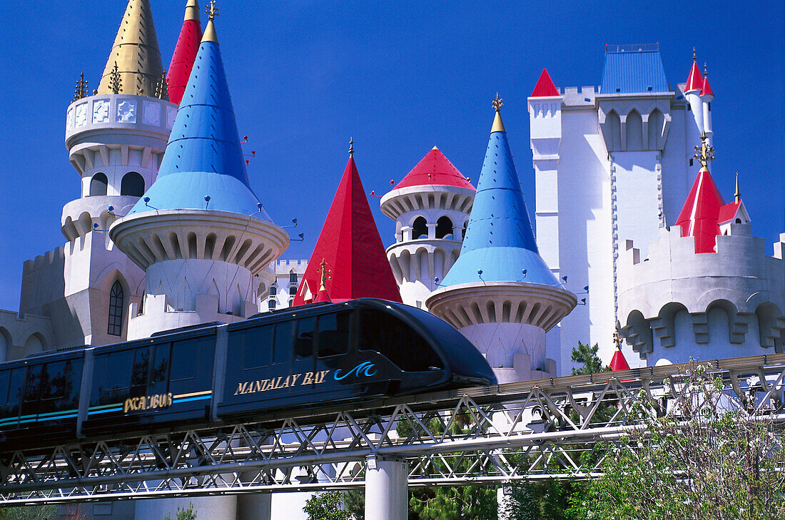 Monorail Mandalay Shuttle in front of the Excalibur Hotel, Las Vegas, Nevada, USA, America