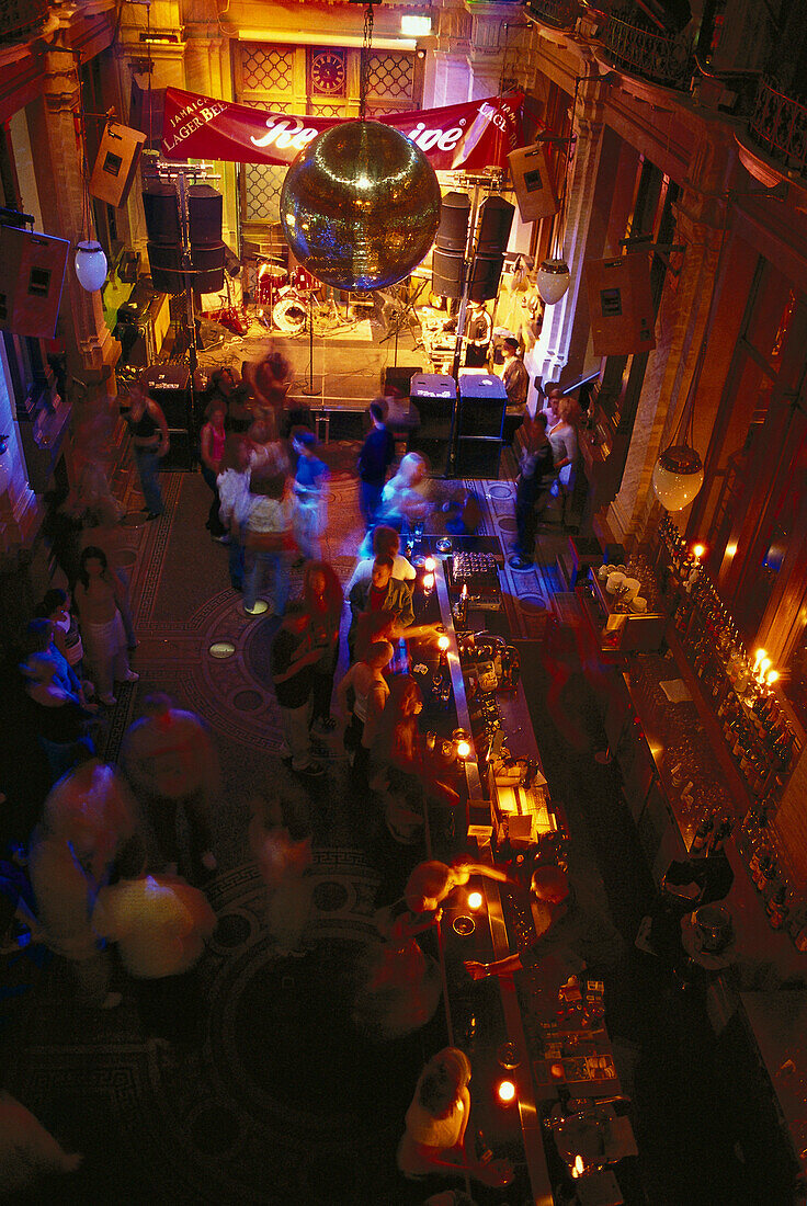 View of bar and stage at night from above, Sturecompagniet, Stureplan, Stockholm, Sweden